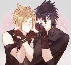  2boys armband black_gloves black_hair black_shirt blonde_hair blue_eyes blush bracelet closed_eyes cosplay final_fantasy final_fantasy_xv finger_heart fingerless_gloves freckles ginmu gloves grey_background hair_between_eyes heart jacket jewelry looking_at_viewer male_focus multiple_boys noctis_lucis_caelum prompto_argentum shirt short_hair short_sleeves simple_background sleeveless smile sparkle spiked_hair upper_body x_arms 