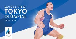  1boy 2020_summer_olympics blue_shorts brown_hair clenched_hands closed_eyes estonian_flag estonian_text facial_hair goatee highres maicel_uibo male_focus monq muscular muscular_male olympics open_mouth real_life short_hair shorts skin_tight solo sportswear 