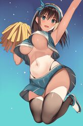  :d arm_up armpits bare_arms bare_shoulders black_panties blue_eyes blue_shirt blue_skirt breasts brown_hair brown_thighhighs cheerleader crop_top crop_top_overhang female hair_ribbon highleg highleg_panties holding holding_pom_poms kureha_(ironika) large_breasts legs_up long_hair looking_at_viewer midriff miniskirt navel no_bra open_mouth original panties pleated_skirt pom_pom_(cheerleading) ribbon shirt shoes sidelocks skirt sleeveless sleeveless_shirt smile solo stomach thighhighs thighs tsubasa_(kureha) underboob underwear white_footwear 