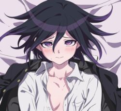  1boy anime_coloring bad_id bad_twitter_id bed_sheet black_hair blush breast_pocket collarbone danganronpa_(series) danganronpa_v3:_killing_harmony hair_between_eyes jacket long_sleeves looking_at_viewer male_focus multicolored_hair oma_kokichi open_clothes open_jacket pink_eyes pink_hair pocket shirt short_hair solo togi9999 two-tone_hair unworn_jacket upper_body white_shirt 