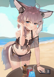  absurdres adjusting_hair ahoge animal_ear_fluff animal_ears arknights beach bikini extra_ears female flat_chest fox_ears fox_girl fox_tail hair_ornament hairclip headphones_for_animal_ears highres leaning_forward material_growth off-shoulder_bikini off_shoulder official_alternate_costume oripathy_lesion_(arknights) pink_hair see-through short_twintails sussurro_(arknights) sussurro_(summer_flower)_(arknights) suzubotan swimsuit tail twintails 