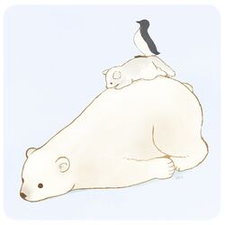  animal animal_focus arctic_fox ayu_(mog) bear bird from_side grey_background little_auk lying no_humans on_stomach original pile polar_bear signature simple_background 