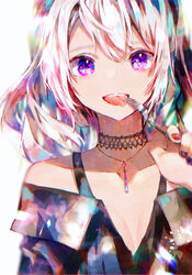  bad_id bad_pixiv_id bare_shoulders black_dress collarbone commentary dress female flat_chest flower_(vocaloid) flower_(vocaloid3) fork highres holding holding_fork jewelry karanagare lace_collar long_hair looking_at_viewer nail_polish necklace ponytail purple_eyes purple_nails smile solo tongue tongue_out upper_body utensil_in_mouth vocaloid white_background white_hair 