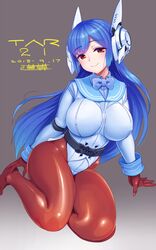  blue_bow blue_bowtie blue_hair bodysuit bodysuit_under_clothes bow bowtie breasts character_name collared_shirt covered_nipples dated female girls&#039;_frontline gradient_background highres large_breasts leaning_to_the_side mechanical_ears michi_kuso pantyhose red_eyes shirt signature sitting skin_tight solo tar-21_(girls&#039;_frontline) 