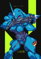  breasts colored_sclera covered_navel dated female gun gundam gundam_0080 highres holding holding_gun holding_weapon horns kampfer_(mobile_suit) large_breasts looking_to_the_side mecha michi_kuso pink_eyes purple_sclera robot shotgun signature single_horn solo weapon zeon 