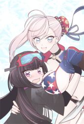  2girls american_flag american_flag_bikini american_flag_print bikini black_gloves black_jacket blue_eyes blue_jacket blush breasts brown_gloves brown_hair bun_cover choker cleavage collarbone cropped_jacket fate/grand_order fate_(series) flag_print gloves goggles goggles_on_head hair_bun hair_ribbon highres hug jacket katana large_breasts long_hair long_sleeves looking_at_viewer low_twintails miyamoto_musashi_(fate) miyamoto_musashi_(swimsuit_berserker)_(fate) miyamoto_musashi_(swimsuit_berserker)_(second_ascension)_(fate) multiple_girls open_mouth osakabehime_(fate) osakabehime_(swimsuit_archer)_(fate) osakabehime_(swimsuit_archer)_(first_ascension)_(fate) pink_hair print_bikini purple_eyes ribbon shrug_(clothing) single_hair_bun single_side_bun ski_goggles smile suzukimadaka swept_bangs swimsuit sword tears twintails very_long_hair weapon 