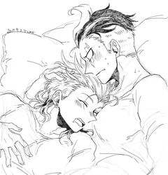  2boys blush collarbone danganronpa_(series) danganronpa_2:_goodbye_despair dated den1208 earrings greyscale jewelry looking_at_another male_focus monochrome multicolored_hair multiple_boys pillow profile saliva scar scar_across_eye shirt short_hair sleeping soda_kazuichi sweat tanaka_gundham two-tone_hair yaoi 