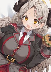  ahoge bed_sheet black_gloves blue_archive blush breasts burger chocolate drooling female food food_on_face gloves grey_hair hair_ornament hair_ribbon hairclip halo holding holding_food horns inuyayo izumi_(blue_archive) jacket large_breasts long_hair long_sleeves looking_at_viewer low_twintails lying mouth_drool necktie on_back red_necktie red_ribbon ribbon solo twintails upper_body yellow_eyes 