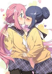  2girls aqua_eyes black_pantyhose black_sailor_collar blue_hair blue_skirt blunt_bangs blush closed_eyes commentary_request hair_bun heart hotaru_iori ichimi_renge kagamihara_nadeshiko kissing long_hair long_sleeves low_twintails motosu_school_uniform multiple_girls neckerchief pantyhose pink_hair profile sailor_collar school_uniform serafuku shima_rin sidelocks simple_background single_hair_bun skirt sweat twintails very_long_hair white_neckerchief yuri yurucamp 