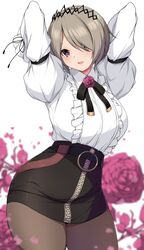  :d arms_behind_back arms_up blurry blurry_background breasts brown_pantyhose commentary contrapposto cowboy_shot english_commentary female floral_background flower flower_brooch hair_ornament hair_over_one_eye highres honkai_(series) honkai_impact_3rd large_breasts light_brown_hair long_sleeves looking_at_viewer neck_ribbon pantyhose red_eyes red_flower red_rose ribbon rita_rossweisse rita_rossweisse_(fallen_rosemary) rose sheita short_hair smile solo white_background 