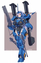  breasts covered_navel dated female gun gundam gundam_0080 hair_over_one_eye highres holding holding_gun holding_weapon holstered horns humanization kampfer_(mobile_suit) large_breasts leotard looking_at_viewer looking_down michi_kuso one_eye_covered open_hand signature single_horn skin_tight solo standing weapon 