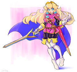  blonde_hair blue_eyes boots cape cosplay falchion_(fire_emblem) female fire_emblem fire_emblem_awakening floating_hair gloves hair_between_eyes highres holding holding_sword holding_weapon lucina_(fire_emblem) lucina_(fire_emblem)_(cosplay) mario_(series) oomasa_teikoku princess_peach solo super_smash_bros. sword thick_thighs thigh_boots thighhighs thighs weapon white_gloves 