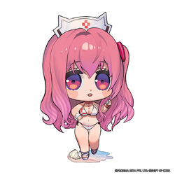  ass_visible_through_thighs bare_shoulders bikini blush_stickers breasts chibi cleavage collar commentary dot_nose female full_body goddess_of_victory:_nikke hair_ornament hand_up hat highres holding holding_syringe long_hair nurse_cap official_alternate_costume official_art one_side_up open_mouth pepper_(nikke) pepper_(ocean_vitamin)_(nikke) pink_eyes pink_hair polka_dot polka_dot_bikini round_teeth sandals side-tie_bikini_bottom solo standing standing_on_one_leg string_bikini swimsuit syringe teeth thigh_gap thighs totatokeke underboob upper_teeth_only very_long_hair water white_bikini white_hat wrist_cuffs 