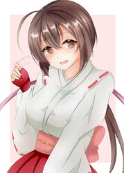  ahoge blush breasts brown_eyes brown_hair commentary_request dakkusu dated female fingerless_gloves gloves hakama hakama_skirt hand_up highres japanese_clothes kimono long_hair long_sleeves looking_at_viewer medium_breasts musubi obi open_mouth pink_background red_gloves red_hakama sash sekirei signature skirt solo two-tone_background very_long_hair white_background white_kimono wide_sleeves 