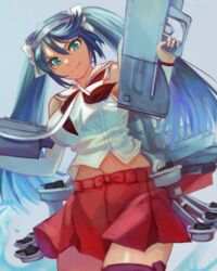  blue_eyes blue_hair brown_sailor_collar cowboy_shot detached_sleeves female gun hairband highres irota isuzu_(kancolle) isuzu_kai_ni_(kancolle) kantai_collection long_hair machinery navel neckerchief pleated_skirt red_neckerchief red_skirt sailor_collar school_uniform serafuku skirt solo twintails weapon white_hairband 