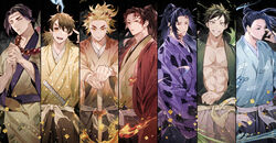  6+boys ;d abs ahoge arm_behind_back arm_out_of_sleeve beads black_background black_hair blonde_hair blue_eyes blue_hair blue_hakama blue_kimono brown_hair clenched_hand coat colored_tips column_lineup commentary_request cowboy_shot crescent debris earrings facial_mark fighting_stance fire floating floating_hair forked_eyebrows green_eyes grin hakama hand_on_own_hip hand_up hands_on_hilt haori highres japanese_clothes jewelry katana kimetsu_no_yaiba kimono levitation light_particles long_hair long_sleeves looking_at_viewer looking_away looking_down male_focus mole mole_under_eye motion_blur multicolored_hair multiple_boys obi one_eye_closed orange_eyes outstretched_arms own_hands_together oyumai pink_eyes pointing pointing_at_self ponytail prayer_beads praying purple_hair ready_to_draw red_coat red_eyes red_hair rock sash scar scar_on_cheek scar_on_chest scar_on_face scar_on_forehead scar_on_stomach sengoku_fire_hashira sengoku_stone_hashira sengoku_thunder_hashira sengoku_water_hashira sengoku_wind_hashira short_hair simple_background sleeves_past_fingers sleeves_past_wrists smile straight-on streaked_hair sun sword torn_clothes tsugikuni_michikatsu tsugikuni_yoriichi v_arms very_long_hair visible_air water waves weapon wide_sleeves yellow_eyes 