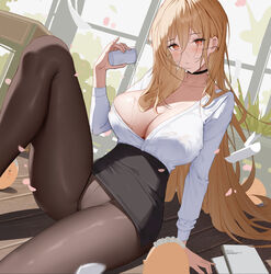  absurdres arm_support azur_lane black_pantyhose black_skirt blonde_hair breasts choker cleavage collarbone commentary cup dutch_angle female hair_between_eyes highres holding holding_cup implacable_(azur_lane) implacable_(shepherd_of_the_&quot;lost&quot;)_(azur_lane) large_breasts light_blush long_hair long_sleeves looking_at_viewer manjuu_(azur_lane) ningri_(lianyungangwyz) official_alternate_costume panties panties_under_pantyhose pantyhose pantyshot parted_lips partially_unbuttoned pencil_skirt pouring pouring_onto_self red_eyes shirt_tucked_in sitting skindentation skirt solo symbol-only_commentary teacher underwear 