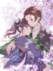  1boy antweiyi arm_around_shoulder black_hair black_jacket brown_eyes brown_hair butterfly_hair_ornament checkered_haori closed_mouth couple cowboy_shot earrings female flower hair_ornament hanafuda hug jacket jacket_on_shoulders japanese_clothes jewelry kamado_tanjirou kimetsu_no_yaiba kimono long_hair long_sleeves md5_mismatch obi outdoors purple_eyes purple_kimono resolution_mismatch sash scar scar_on_face scar_on_forehead shirt short_hair side_ponytail signature single_earring source_larger standing straight tsuyuri_kanao white_shirt wide_sleeves 