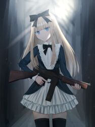  black_nails black_ribbon blonde_hair blue_eyes blunt_bangs bow cross cross_earrings dress earrings female frilled_dress frills gun hairbow highres holding holding_gun holding_weapon iris37337 jewelry long_hair original ribbon single_earring solo submachine_gun thighhighs thompson_submachine_gun very_long_hair weapon zettai_ryouiki 