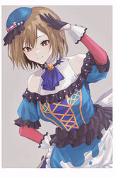  alternate_costume apron ascot bad_id bad_pixiv_id bare_shoulders black_gloves blue_ascot blue_dress blue_hat brown_eyes brown_hair candy_hat_ornament commentary dress english_commentary female food-themed_hat_ornament gloves grey_background half_gloves hand_on_own_face hand_on_own_hip hat hat_ornament highres looking_down meiko_(vocaloid) off-shoulder_dress off_shoulder peng_vmd pop_in_my_heart!!_(project_sekai) project_sekai short_hair smile solo vocaloid waist_apron wonderlands_x_showtime_(project_sekai) wonderlands_x_showtime_meiko 