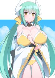  akitokage alternate_breast_size bare_shoulders bikini blue_sky blush bow breasts cleavage day dragon_girl dragon_horns fate/grand_order fate_(series) female green_hair highres horns huge_breasts japanese_clothes kimono kiyohime_(fate) kiyohime_(swimsuit_lancer)_(fate) kiyohime_(swimsuit_lancer)_(first_ascension)_(fate) long_hair long_sleeves looking_at_viewer multiple_horns off_shoulder sky smile solo swimsuit thighs white_kimono wide_sleeves yellow_bikini yellow_bow yellow_eyes 