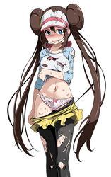  arm_under_breasts black_pantyhose blue_eyes blush bow bow_panties breast_hold breasts clenched_teeth clothes_pull commentary_request double_bun female hair_between_eyes hair_bun hair_tie long_hair navel panties pantyhose pantyhose_pull photoshop_(medium) pink_bow pokemon pokemon_bw2 pulling_own_clothes raglan_sleeves rosa_(pokemon) shirt short_shorts shorts shorts_pull sidelocks simple_background sleeves_past_elbows solo sweat tearing_up teeth torn_clothes torn_panties torn_pantyhose torn_shirt torn_shorts tsukishiro_saika two-tone_headwear underwear very_long_hair visor_cap white_background white_panties yellow_shorts 