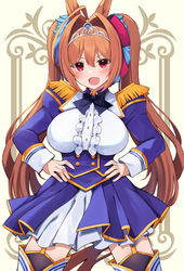  :d absurdres animal_ears black_bow black_bowtie bow bowtie breasts brown_hair commentary_request daiwa_scarlet_(umamusume) epaulettes female framed_breasts hair_between_eyes hair_intakes hairbow hands_on_own_hips highres horse_ears horse_girl horse_tail large_breasts long_hair looking_at_viewer misonikomi open_mouth red_bow red_eyes smile solo standing tail thighhighs thighs tiara twintails umamusume underbust uniform very_long_hair 