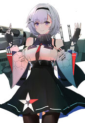  absurdres arms_up azur_lane bare_shoulders black_gloves black_pantyhose black_ribbon blush breasts commentary_request dress female fingerless_gloves gloves grey_hair hair_between_eyes hair_ornament hairband hairclip highres hinaname large_breasts looking_at_viewer machinery md5_mismatch necktie pantyhose purple_eyes red_necktie reno_(azur_lane) resolution_mismatch ribbon short_hair simple_background skirt sleeveless smile solo source_smaller underboob white_background 