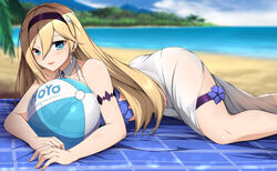  :d ass ball beach beach_towel beachball bianka_durandal_ataegina blonde_hair blue_eyes blurry blurry_background commentary day earrings english_commentary female hair_ornament hairband honkai_(series) honkai_impact_3rd jewelry logo long_hair looking_at_viewer lying on_stomach outdoors sarong sheita smile solo swimsuit thigh_strap towel transparent 