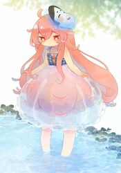  aqua_shirt ashiyu_(ashu-ashu) barefoot bow bowtie bright_pupils bubble_skirt buttons circle closed_mouth commentary_request commission female full_body hata_no_kokoro highres long_hair looking_at_viewer mask mask_on_head noh_mask outdoors partially_submerged pink_bow pink_bowtie pink_hair pink_skirt plaid plaid_shirt red_eyes see-through shirt skeb_commission skirt sleeveless sleeveless_shirt solo standing star_(symbol) touhou triangle white_pupils 