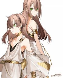  1boy adele_(fate) back-to-back backless_dress backless_outfit belt bracelet brown_hair choker dress fate/grand_order fate_(series) female green_eyes hou_(ppo) jewelry long_hair makarios_(fate) siblings tunic twins twitter_username white_background wide_sleeves 