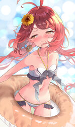  :&lt; antenna_hair azur_lane bikini blue_background blurry blurry_background blush commission female floating_hair flower groin hair_flower hair_ornament highres holding holding_swim_ring innertube jersey_(azur_lane) light long_hair looking_to_the_side navel nyahu_(nyahu_77) red_hair ribbon skeb_commission solo summer sunflower sunflower_hair_ornament swim_ring swimsuit thighs yellow_eyes 