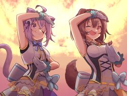  2girls ahoge alternate_costume animal_ears bad_id bad_twitter_id belt belt_chain blue_bow bow bowtie braid breasts brown_eyes brown_hair cat_ears cat_tail corset cowboy_shot cropped_jacket dog_ears dog_tail fire food gloves hand_to_forehead highres hololive hololive_idol_uniform idol_clothes inugami_korone jacket looking_at_viewer low_twintails medium_breasts multiple_girls music nekomata_okayu oerba_yun_fang official_alternate_costume one_eye_closed onigiri open_mouth purple_eyes purple_hair singing skirt small_breasts tail tamasa_yamoto triangle_chain twin_braids twintails virtual_youtuber white_gloves white_jacket wrist_cuffs 