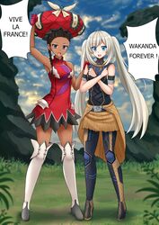  2girls black_panther_(film) blue_eyes commentary commission commissioner_upload cosplay costume_switch crossed_arms crossover dark-skinned_female dark_skin english_commentary english_text fate/grand_order fate_(series) french_text grey_hair highres kazenokaze looking_at_viewer marie_antoinette_(fate) marie_antoinette_(fate)_(cosplay) marvel marvel_cinematic_universe multiple_girls shuri_(marvel) shuri_(marvel)_(cosplay) standing twintails wakanda 