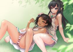  2girls absurdres asashio_(kancolle) black_hair blush braid cameltoe cosplay dress hair_ornament hairclip highres kantai_collection leaf libeccio_(kancolle) libeccio_(kancolle)_(cosplay) lying_on_another makura_(y_makura) matching_outfits multiple_girls neckerchief one_eye_closed open_mouth panties sailor_collar sailor_dress scirocco_(kancolle) short_hair sleepy sleeveless sleeveless_dress spread_legs striped_clothes striped_neckerchief striped_panties tan two_side_up underwear white_dress white_sailor_collar yawning 