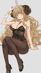  absurdres alternate_costume anila_(granblue_fantasy) animal_ears black_leotard blonde_hair blunt_bangs blush breasts cleavage commentary covered_navel draph fake_animal_ears female full_body granblue_fantasy highres horns hoshido1214 large_breasts leotard long_hair looking_at_viewer navel necktie pantyhose playboy_bunny rabbit_ears sheep_horns smile solo strapless strapless_leotard thick_eyebrows wrist_cuffs yellow_eyes 