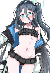  aris_(blue_archive) ass_visible_through_thighs bikini bikini_under_clothes black_bikini black_hair blue_archive blue_eyes blush coat female frilled_bikini frills groin hairband highres long_hair machismo_fuji navel off_shoulder one_side_up open_clothes open_coat smile solo standing swimsuit thighs very_long_hair white_coat 