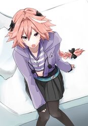  1boy astolfo_(fate) astolfo_(memories_at_trifas)_(fate) bad_id bad_pixiv_id belt black_bow black_skirt bow braid braided_ponytail brown_legwear crop_top fate/apocrypha fate_(series) hair_intakes hairbow highres hood hoodie jacket jewelry long_braid long_hair looking_at_viewer male_focus midriff multicolored_hair navel necklace oerba_yun_fang official_alternate_costume on_bed otoko_no_ko pantyhose pink_hair purple_eyes purple_hoodie purple_jacket purple_shirt shirt single_braid sitting skin_fang skirt streaked_hair striped_clothes striped_shirt tsu_ki2 white_hair 