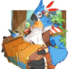  anthro aooni avian bandoneon bird blue_body blue_feathers blush breath_of_the_wild clothed clothing detailed_background feathers forest group hi_res holding_musical_instrument holding_object kass_(tloz) looking_at_viewer male multicolored_body multicolored_feathers musical_instrument musician nintendo outside parrot plant rito the_legend_of_zelda tree trio yellow_eyes 