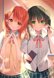  2girls airpods bangs black_hair blue_shirt blunt_bangs braid braided_bun cellphone collared_shirt dress_shirt dusk earbuds earphones gradient_hair green_eyes green_hair grey_skirt hair_between_eyes hair_ornament hairpin half_updo leaning_on_person listening_to_music love_live! love_live!_nijigasaki_high_school_idol_club medium_hair multicolored_hair multiple_girls neck_ribbon nijigasaki_academy_uniform orange_hair phone pink_hair plaid plaid_skirt pleated_skirt red_neckwear ribbon samayoi shared_earphones shirt short_sleeves side_bun skirt smartphone streaked_hair summer_uniform sweater_vest swept_bangs takasaki_yuu twintails two-tone_hair uehara_ayumu vest white_shirt white_vest yellow_eyes 