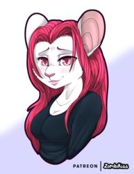  albino anthro breasts cleavage clothed clothing female fur hair half-length_portrait mammal moonlight-trance mouse murid murine patreon pink_eyes pink_hair portrait rodent simple_background solo text white_background white_body white_fur zombikiss 