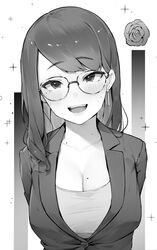  :d arms_behind_back bad_id bad_twitter_id blush breasts earrings female flower greyscale head_tilt highres jacket jewelry kotoribako long_hair looking_at_viewer mole mole_on_breast mole_on_neck mole_under_eye monochrome office_lady open_mouth original rose smile solo sparkle teeth upper_teeth_only 