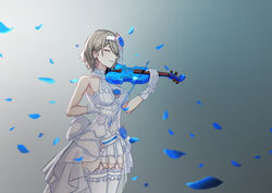  absurdres blue_flower blue_rose breasts bridal_veil bride brown_hair cleavage closed_eyes dress female flower gloves grin hair_flower hair_ornament hair_over_one_eye highres holding holding_instrument holding_violin honkai_(series) honkai_impact_3rd instrument kabuto_tong mole mole_under_eye music open_mouth petals playing_instrument rita_rossweisse rita_rossweisse_(artemis) rose short_hair smile solo teeth thighhighs veil violin wedding_dress white_dress white_gloves white_thighhighs 