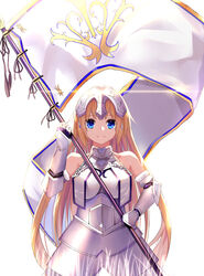  absurdres armor bare_shoulders blonde_hair blue_eyes breasts bridal_gauntlets closed_mouth commentary_request fate/apocrypha fate_(series) female flag headpiece highres holding holding_flag jeanne_d&#039;arc_(fate) jeanne_d&#039;arc_(third_ascension)_(fate) large_breasts long_hair looking_at_viewer simple_background smile solo u4a white_background 