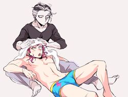  2boys barefoot black_hair black_shirt blush collarbone danganronpa_(series) danganronpa_2:_goodbye_despair den1208 earrings green_male_underwear grey_background jewelry lying male_focus male_underwear medium_hair multicolored_hair multiple_boys on_back pale_skin pants pink_eyes pink_hair shirt short_hair simple_background sitting soda_kazuichi tanaka_gundham teeth topless_male towel two-tone_hair underwear upper_teeth_only white_hair yaoi 