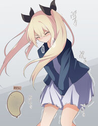  ^_^ between_legs black_ribbon bladder blonde_hair blue_jacket blush closed_eyes closed_mouth commentary_request dress embarrassed female flat_chest grey_background hair_between_eyes hair_ribbon hand_between_legs have_to_pee highres jacket leaning_forward long_hair long_sleeves nose_blush open_clothes open_jacket original own_hands_together ribbon ribbon-trimmed_skirt ribbon_trim short_dress sidelocks sign simple_background solo speech_bubble split_mouth standing translated trembling twintails urine urine_meter v-shaped_eyebrows v_arms watakarashi 