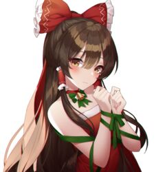  absurdres bad_id bad_pixiv_id bare_shoulders bell blush bound bow breasts brown_eyes brown_hair choker christmas chromatic_aberration closed_mouth commentary dress female fur_trim green_ribbons hair_between_eyes hair_tubes hairbow hakurei_reimu head_tilt highres long_hair looking_at_viewer meoyo red_bow red_choker red_dress ribbon santa_costume sidelocks simple_background small_breasts smile solo strapless strapless_dress touhou upper_body white_background 