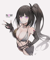  architect_(girls&#039;_frontline) architect_(nvw_model)_(girls&#039;_frontline) ark_john_up asymmetrical_gloves bare_shoulders black_hair breasts collarbone female fingerless_gloves girls&#039;_frontline gloves grin highres large_breasts long_hair official_alternate_costume one_side_up partially_fingerless_gloves pink_eyes pink_nails sangvis_ferri smile solo very_long_hair 