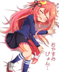  ahoge black_ribbon blue_socks blush commentary_request crescent crescent_hair_ornament crescent_pin female hair_ornament hair_ribbon kantai_collection long_hair long_sleeves low-tied_long_hair lying on_side open_mouth pink_hair pink_ribbon pleated_skirt rabbit_hair_ornament red_hair ribbon saliva school_uniform serafuku sills skirt sleeping smile socks solo translated uzuki_(kancolle) very_long_hair zzz 