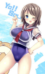  akikaze_tsumuji blue_eyes blue_one-piece_swimsuit breasts commentary_request competition_swimsuit contrapposto cowboy_shot female grey_hair grey_sailor_collar large_breasts looking_at_viewer love_live! love_live!_sunshine!! neckerchief one-piece_swimsuit one_eye_closed purple_one-piece_swimsuit red_neckerchief sailor_collar school_swimsuit school_uniform serafuku serasuku shirt short_hair smile solo standing swimsuit swimsuit_under_clothes uchicchii uranohoshi_school_uniform watanabe_you white_shirt 